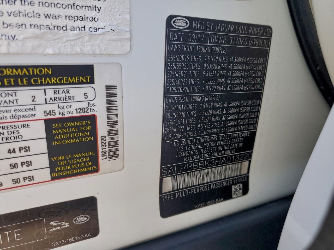 2017 Land Rover Discovery Hse VIN: SALRRBBK3HA013220 Lot: 96331945