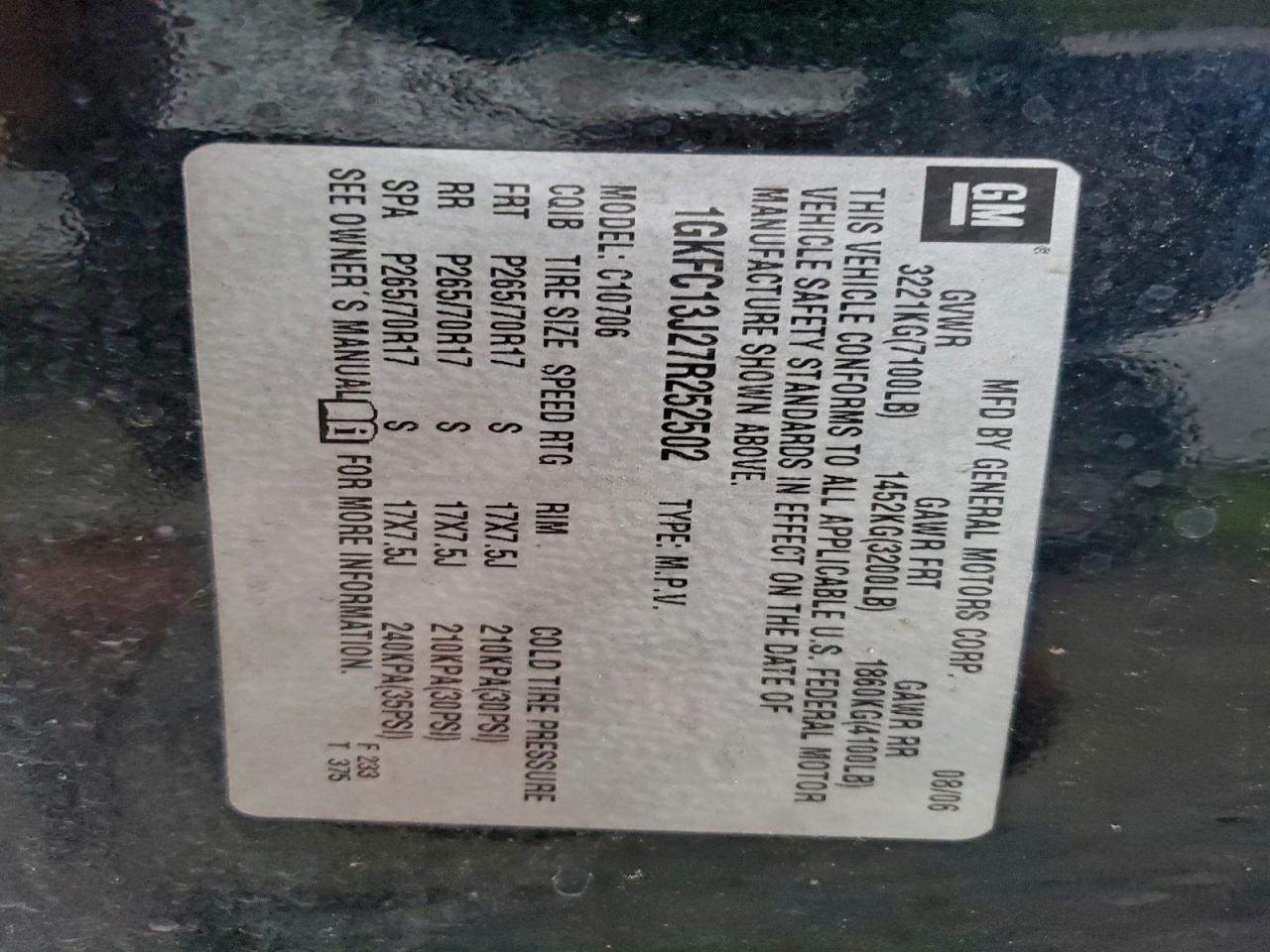 2007 GMC Yukon VIN: 1GKFC13J27R25202 Lot: 96153955