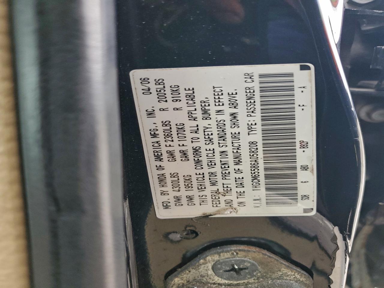 2006 Honda Accord Ex VIN: 1HGCM65586A058208 Lot: 95760235