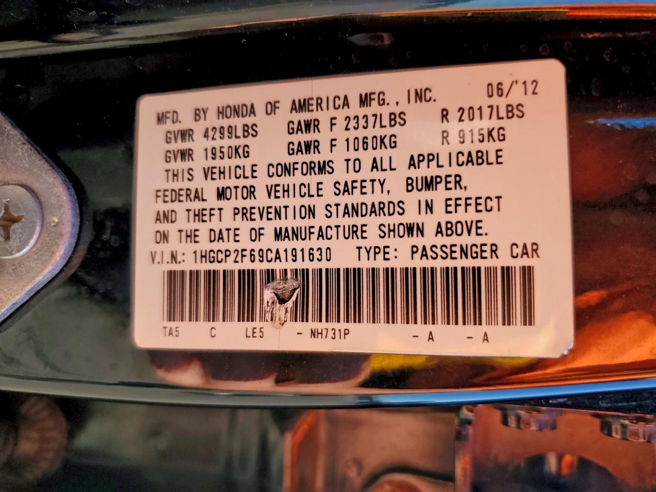 2012 Honda Accord Se VIN: 1HGCP2F69CA191630 Lot: 96038515