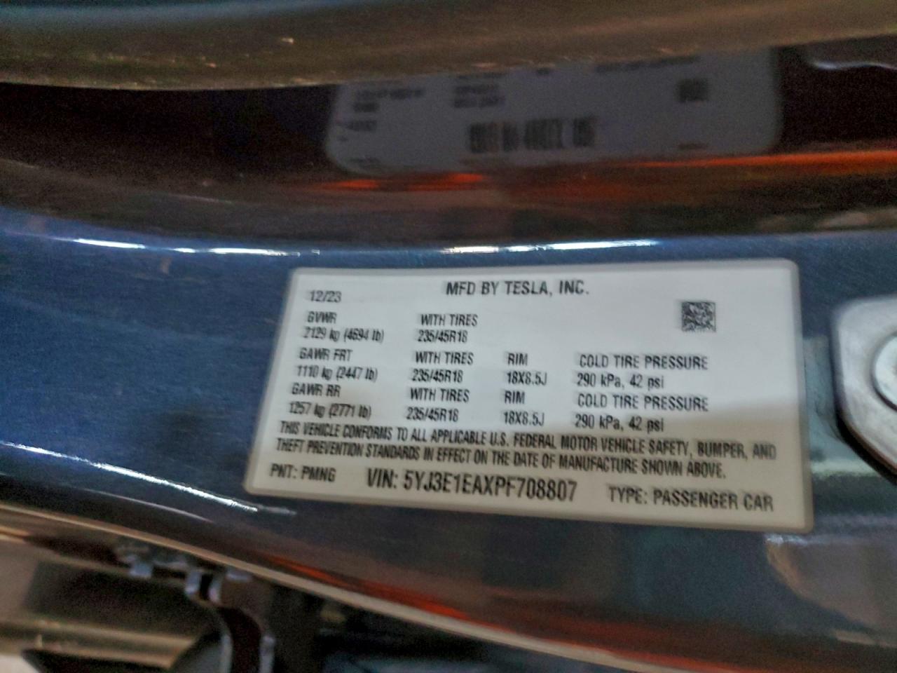 2023 Tesla Model 3 VIN: 5YJ3E1EAXPF708807 Lot: 94337885