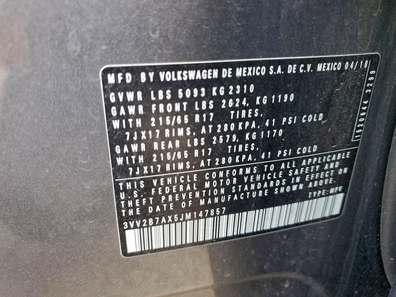 2018 Volkswagen Tiguan Se VIN: 3VV2B7AX5JM147857 Lot: 95471495