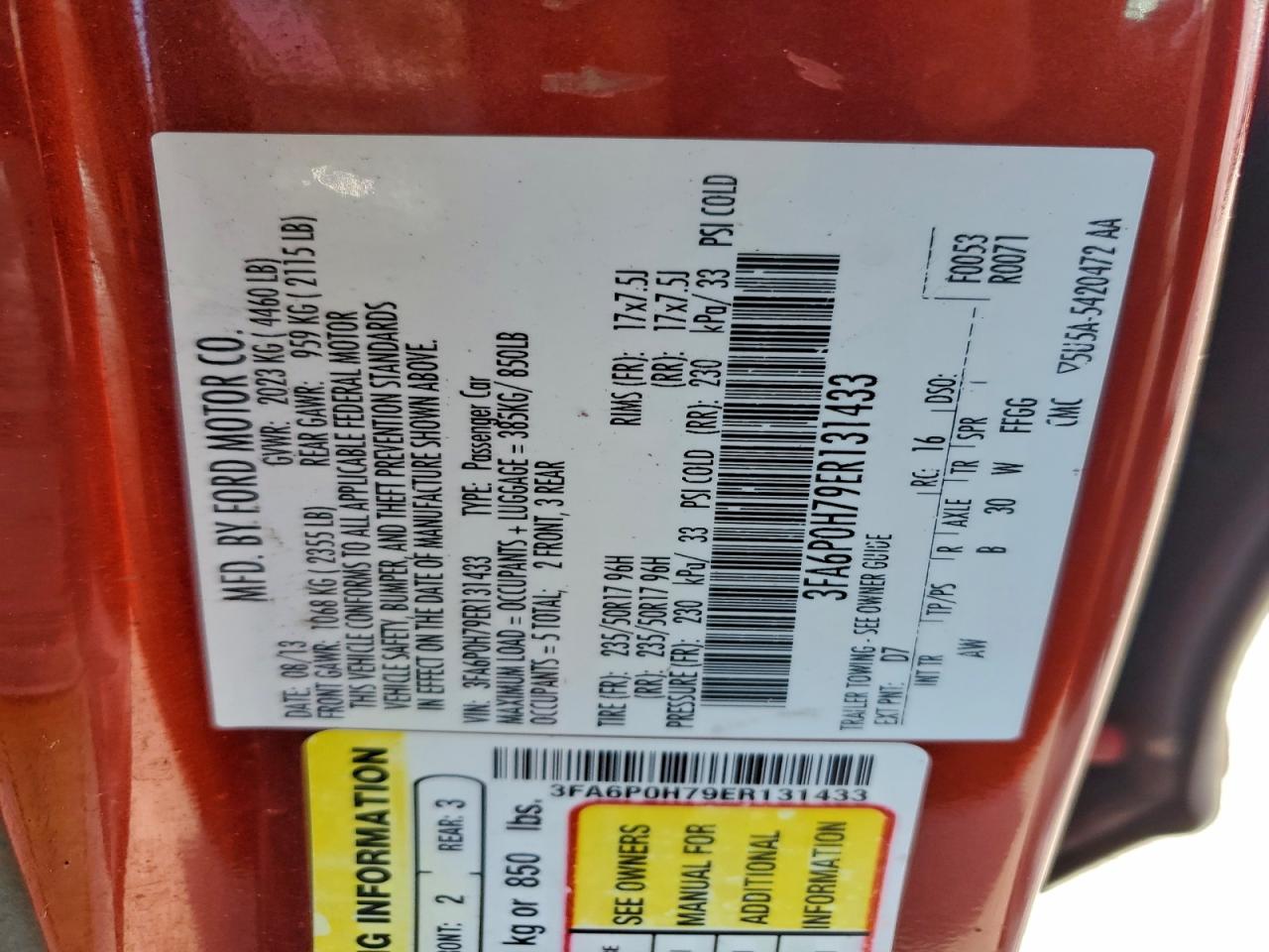 2014 Ford Fusion Se VIN: 3FA6P0H79ER131433 Lot: 95238305