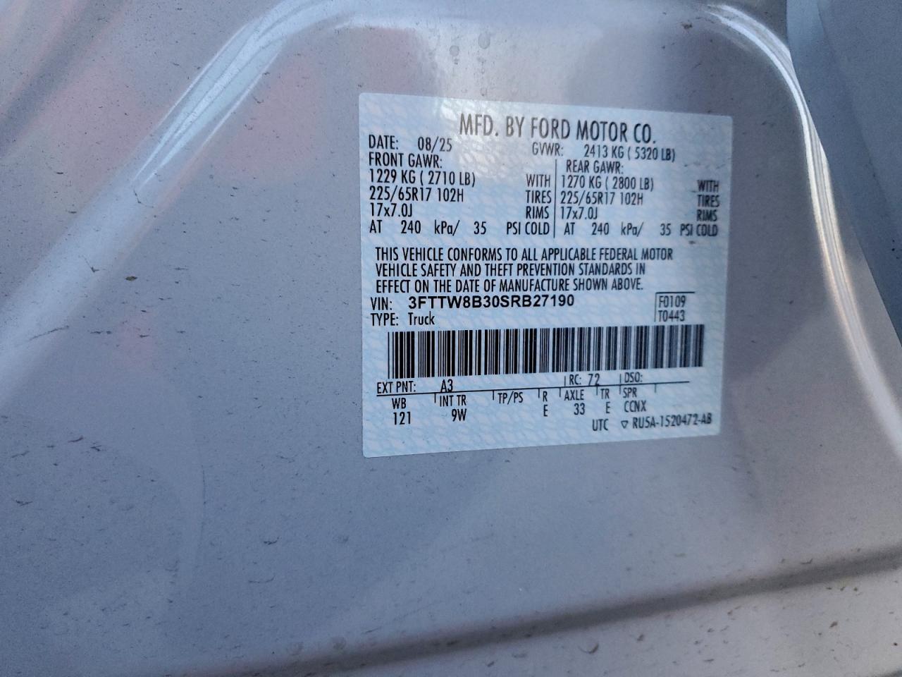 2025 Ford Maverick Xl VIN: 3FTTW8B30SRB27190 Lot: 95555535