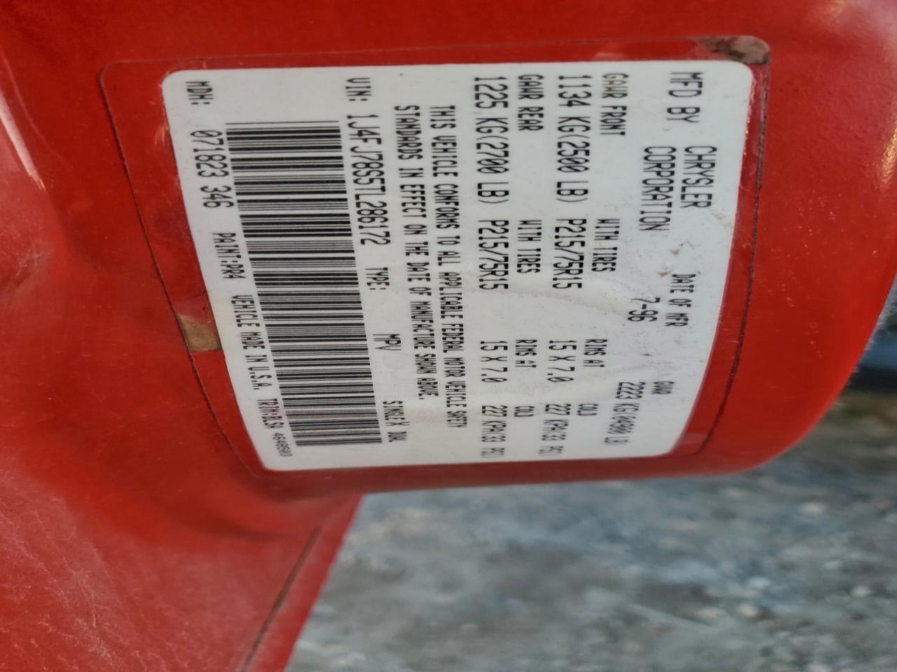 1996 Jeep Cherokee Country VIN: 1J4FJ78S5TL286172 Lot: 96813195