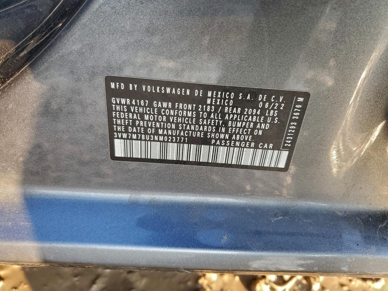 2022 Volkswagen Jetta Se VIN: 3VW7M7BU3NM023771 Lot: 93698665