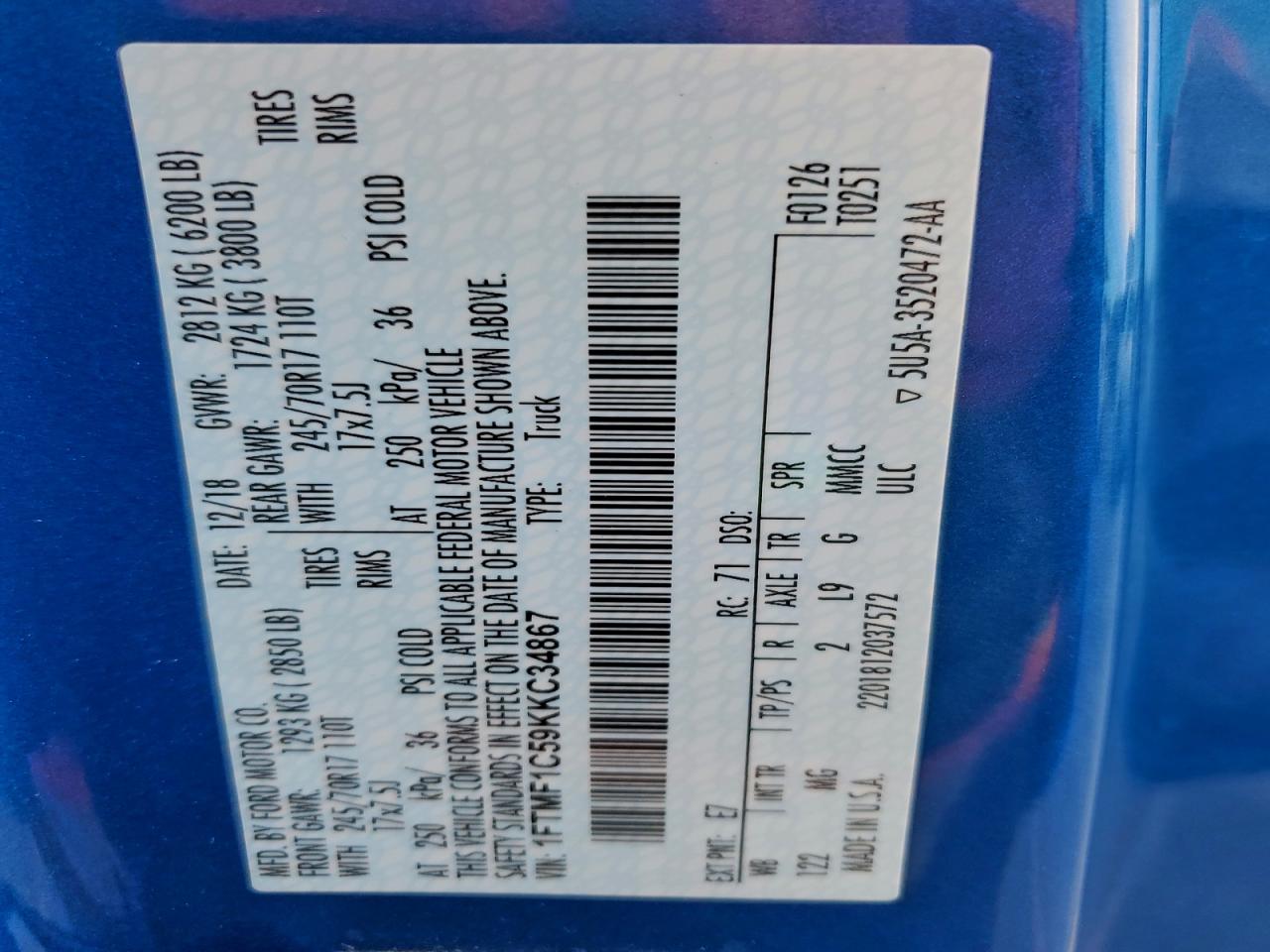 2019 Ford F150 VIN: 1FTMF1C59KKC34867 Lot: 94894325