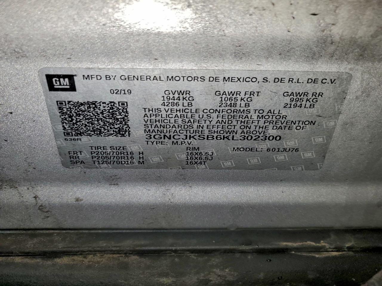 2019 Chevrolet Trax Ls VIN: 3GNCJKSB6KL302300 Lot: 95856145