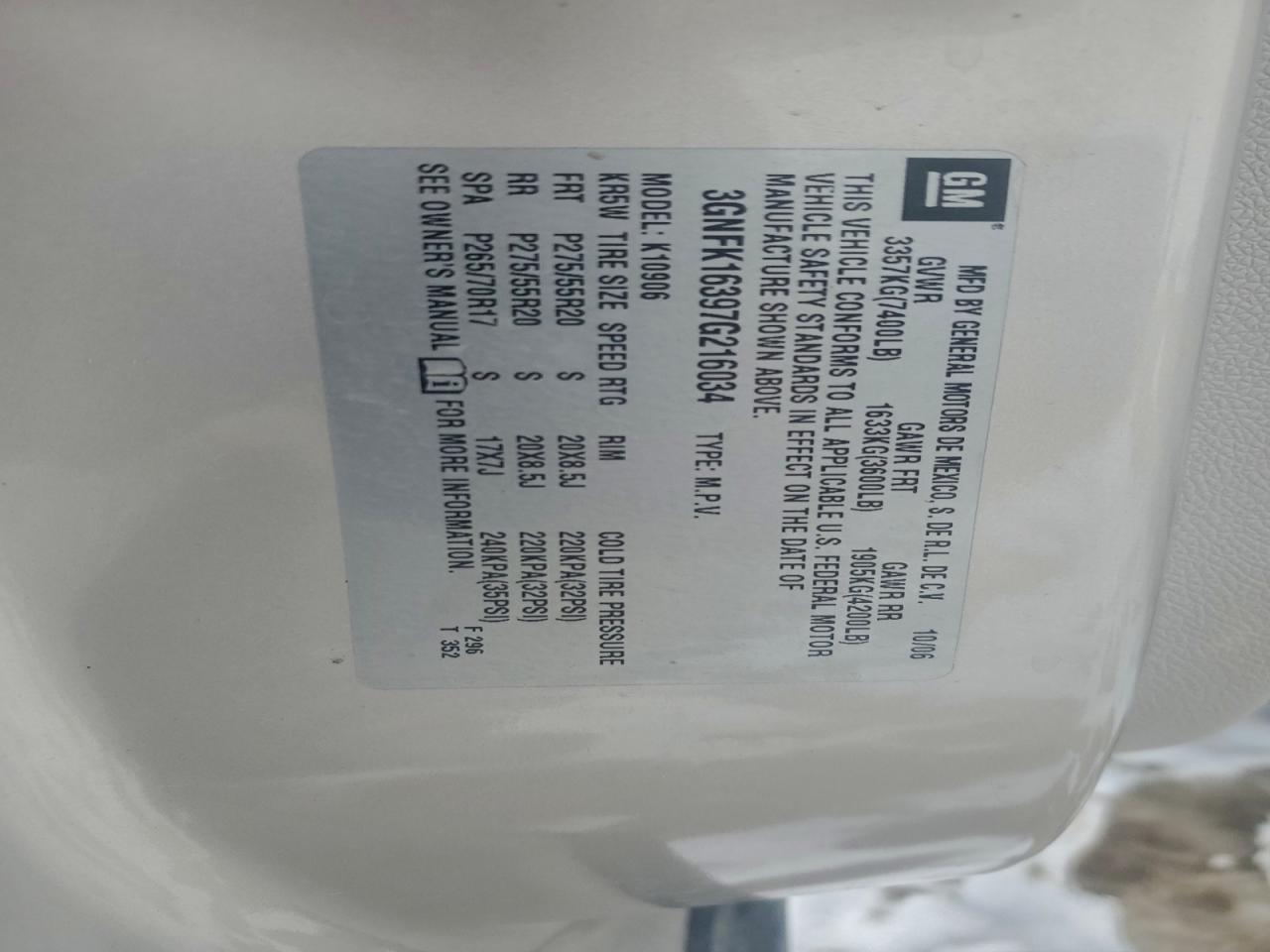 2007 Chevrolet Suburban K1500 VIN: 3GNFK16397G216034 Lot: 95471755