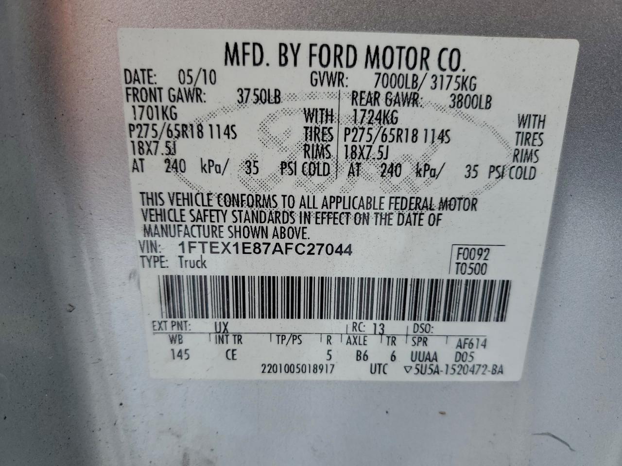 2010 Ford F150 Super Cab VIN: 1FTEX1E87AFC27044 Lot: 94575465