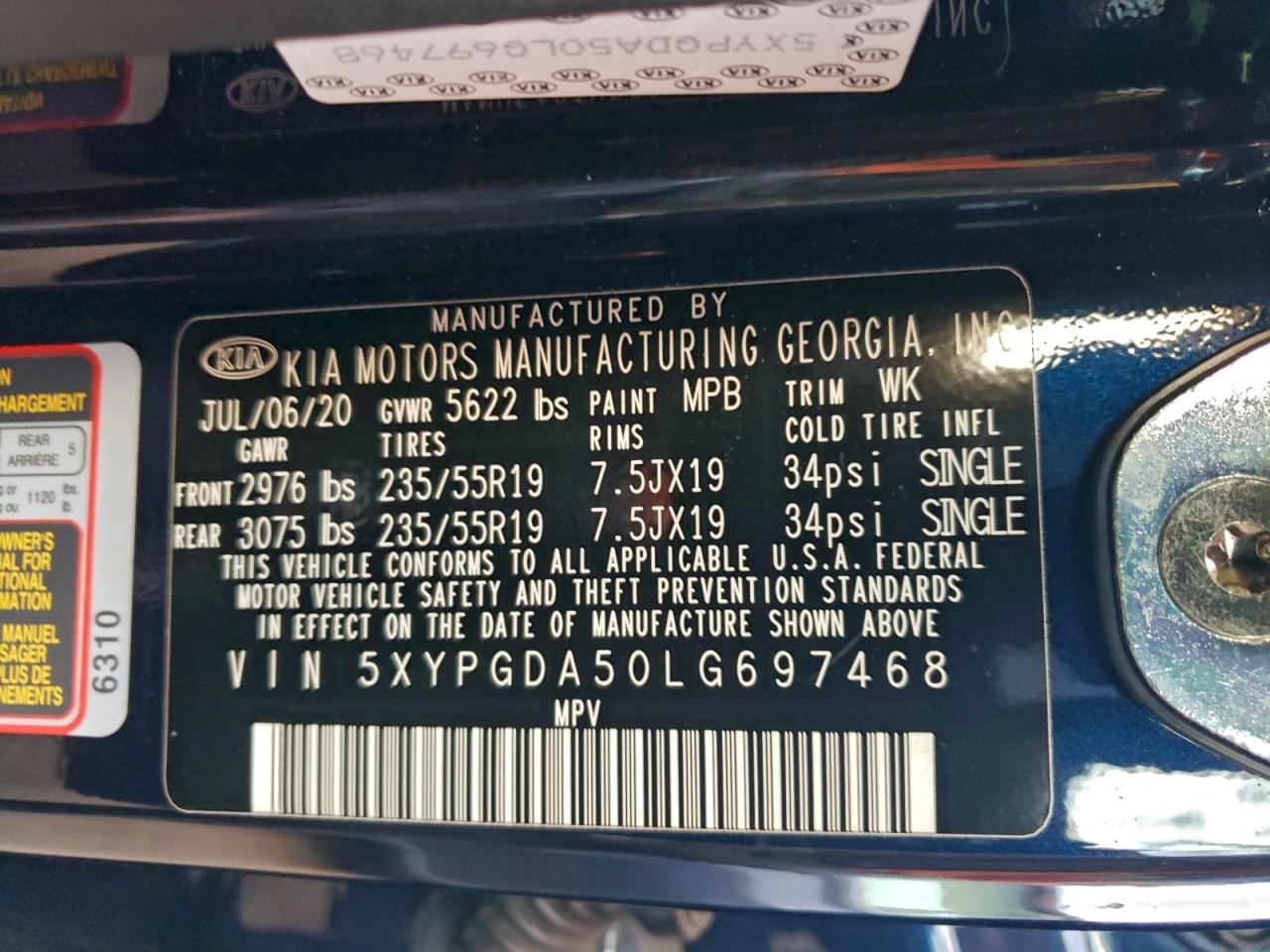 2020 Kia Sorento S VIN: 5XYPGDA50LG697468 Lot: 95887615