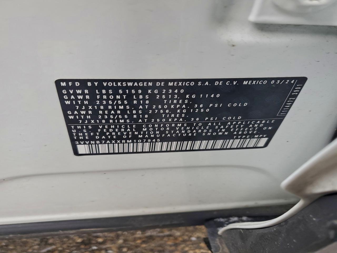 2024 Volkswagen Tiguan Se VIN: 3VVNB7AXXRM107945 Lot: 96179175