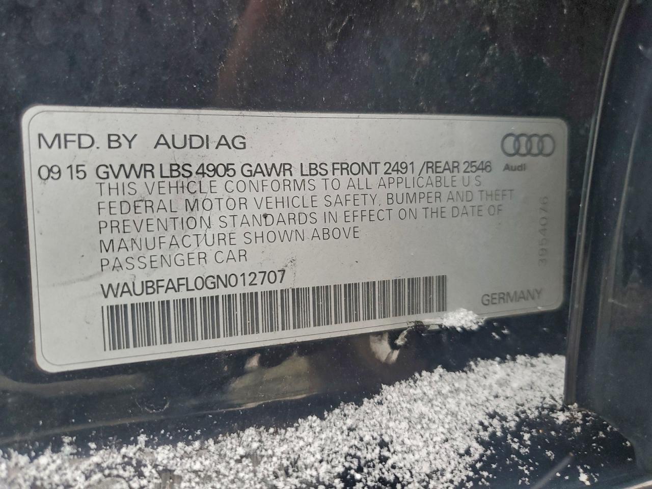 2016 Audi A4 Premium S-Line VIN: WAUBFAFL0GN012707 Lot: 95115855