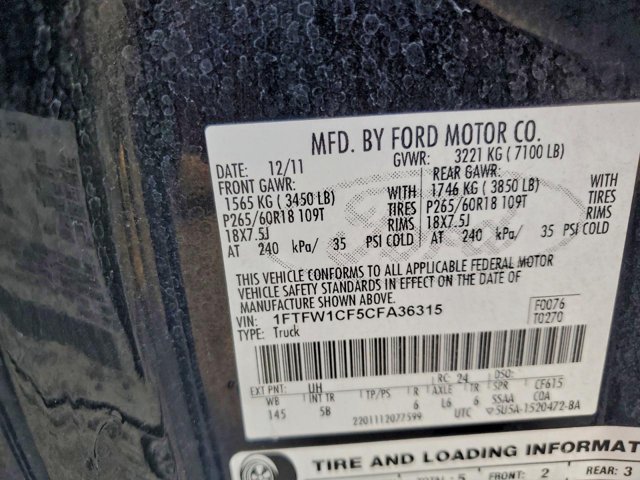 2012 Ford F150 Supercrew VIN: 1FTFW1CF5CFA36315 Lot: 95469585