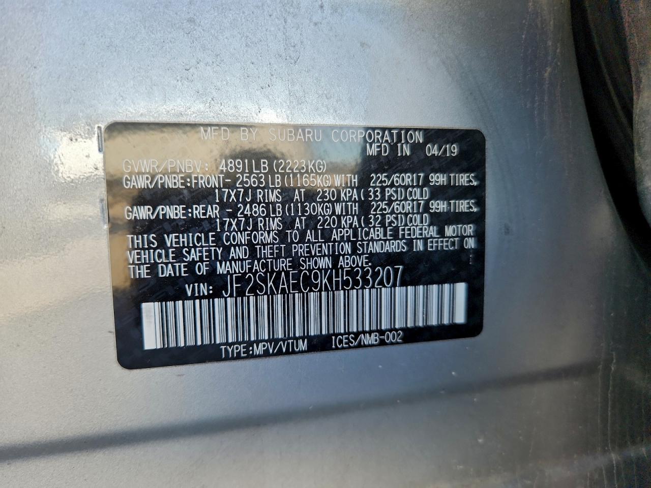 2019 Subaru Forester Premium VIN: JF2SKAEC9KH533207 Lot: 96752025