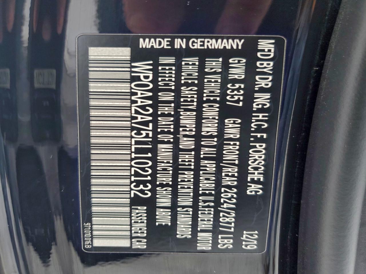 2020 Porsche Panamera 4 VIN: WP0AA2A75LL102132 Lot: 94001415