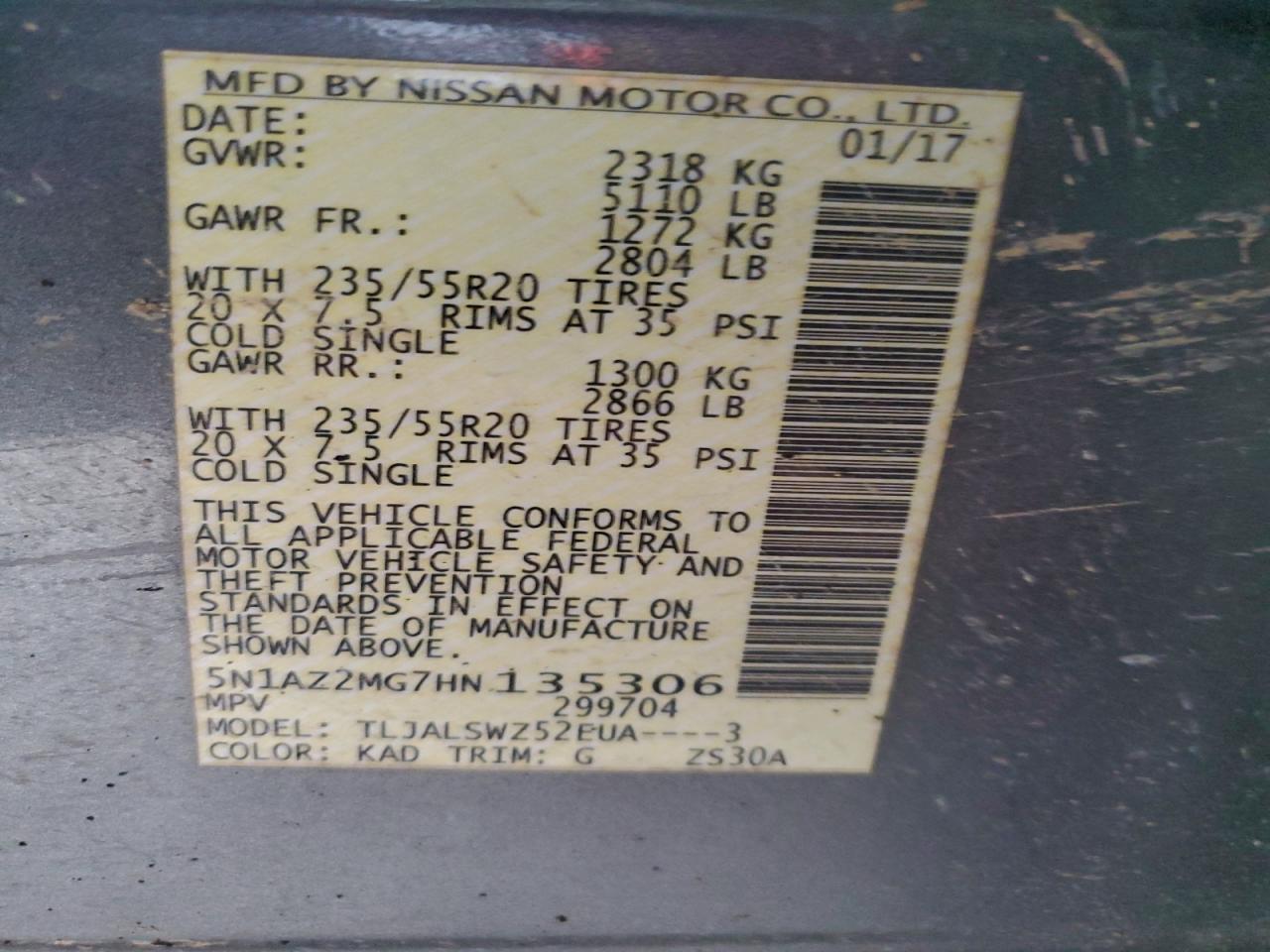 2017 Nissan Murano S VIN: 5N1AZ2MG7HN135306 Lot: 95323745