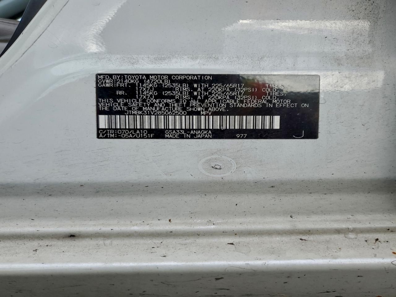 2008 Toyota Rav4 Limited VIN: JTMBK31V285062500 Lot: 94806655