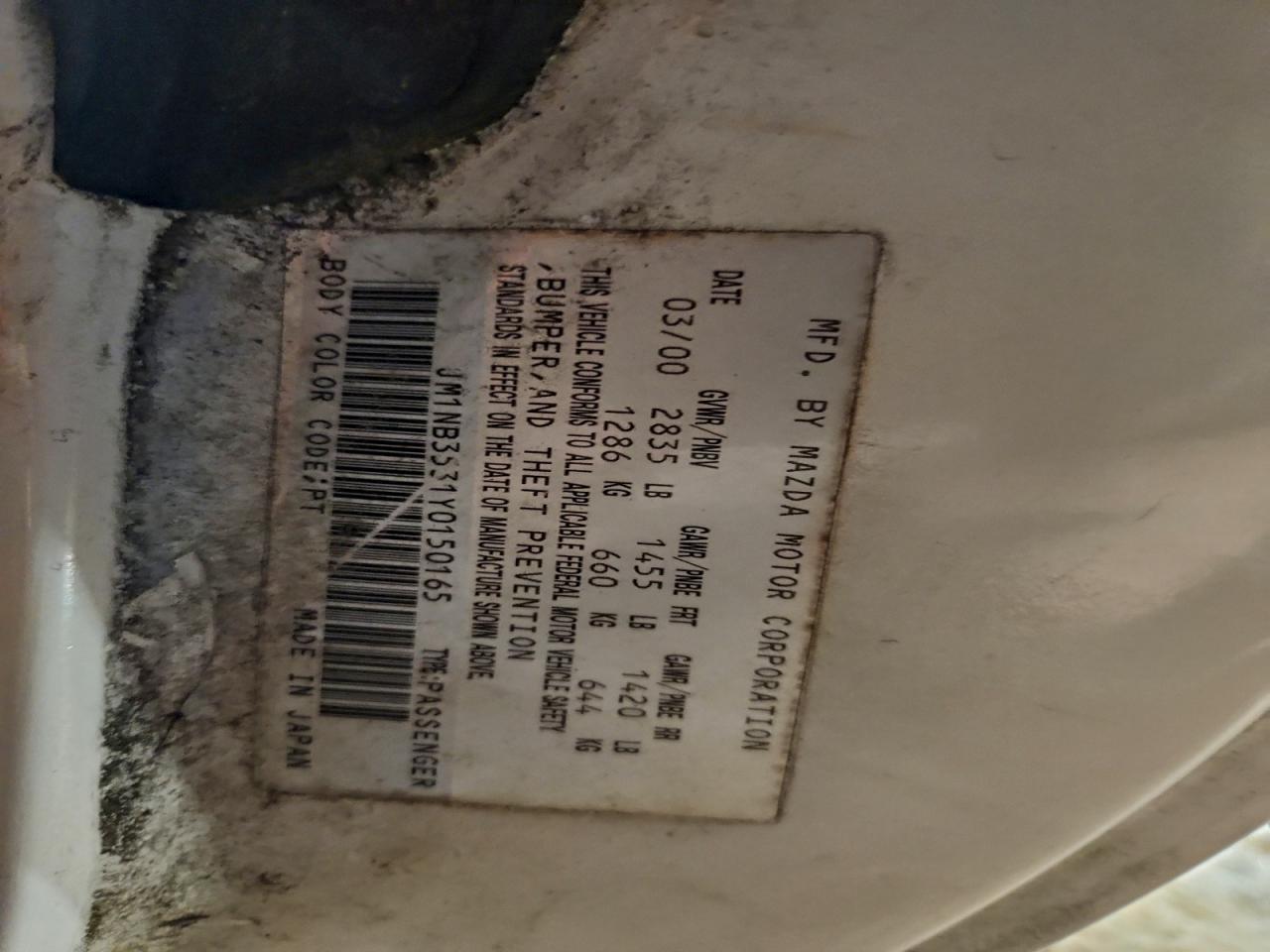 2000 Mazda Mx-5 Miata Base VIN: JM1NB3531Y0150165 Lot: 96052695