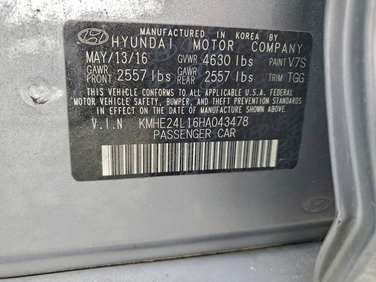 2017 Hyundai Sonata Hybrid VIN: KMHE24L16HA043478 Lot: 95920105