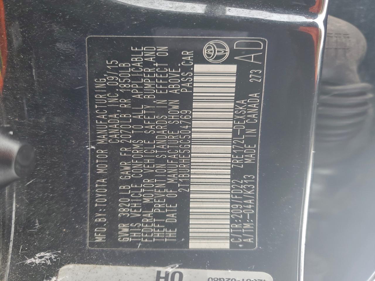 2016 Toyota Corolla L VIN: 2T1BURHE5GC504769 Lot: 93700295