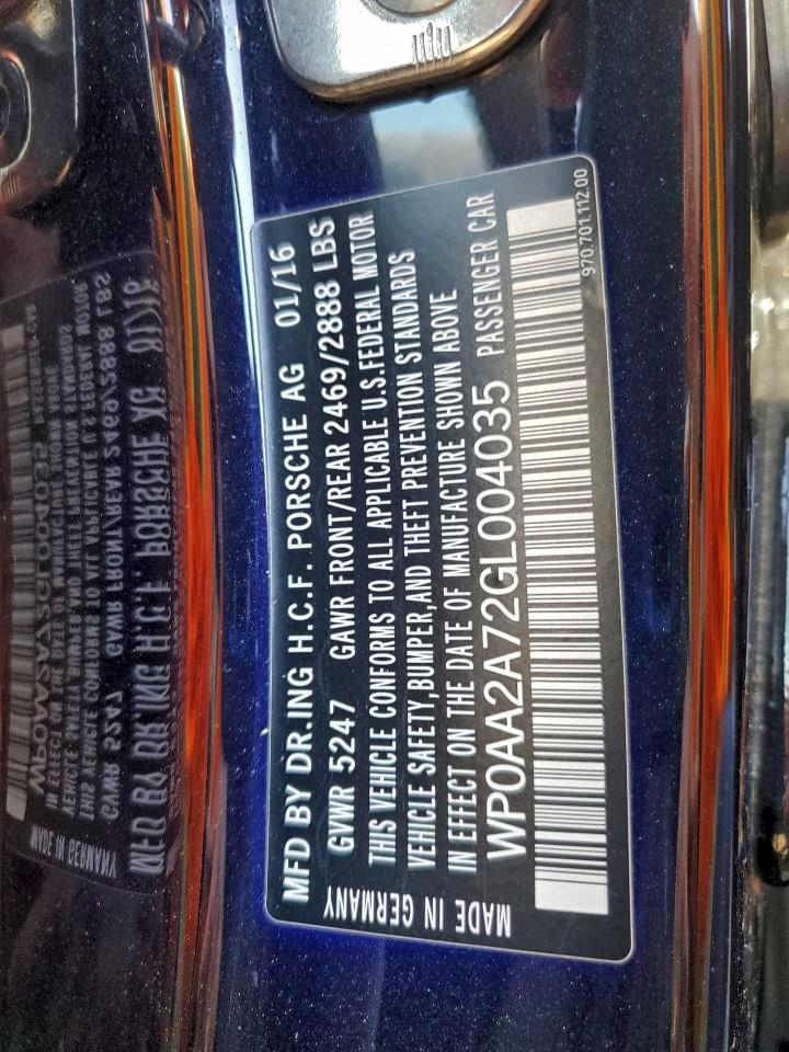 2016 Porsche Panamera 2 VIN: WP0AA2A72GL004035 Lot: 95741125