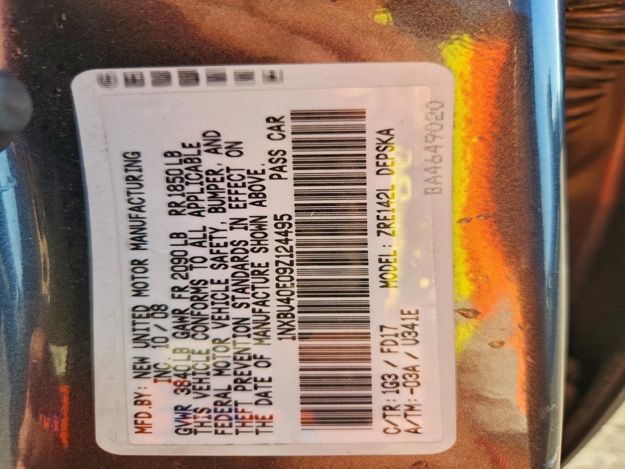 2009 Toyota Corolla Base VIN: 1NXBU40E09Z124495 Lot: 95973755