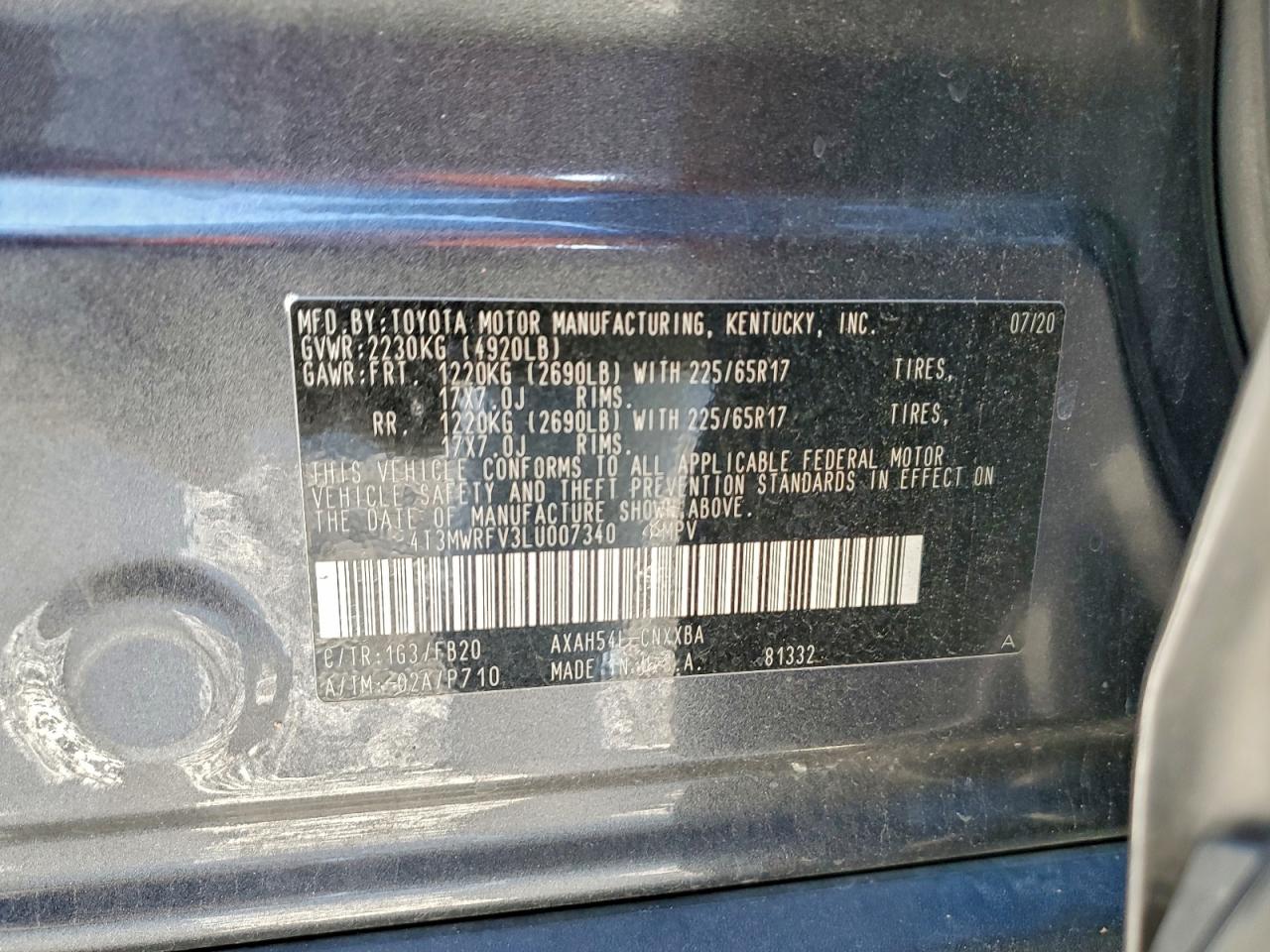 2020 Toyota Rav4 Le VIN: 4T3MWRFV3LU007340 Lot: 94984915