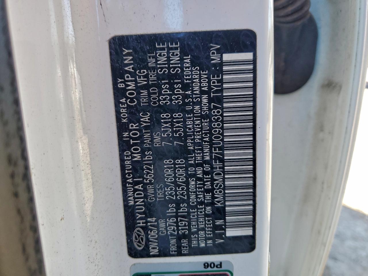 2015 Hyundai Santa Fe Gls VIN: KM8SMDHF7FU098387 Lot: 97025115