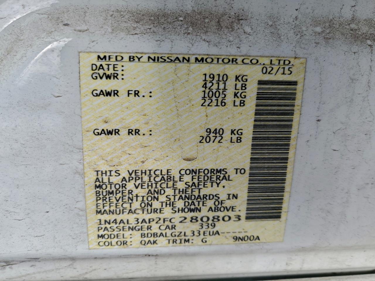 2015 Nissan Altima 2.5 VIN: 1N4AL3AP2FC280803 Lot: 94675075