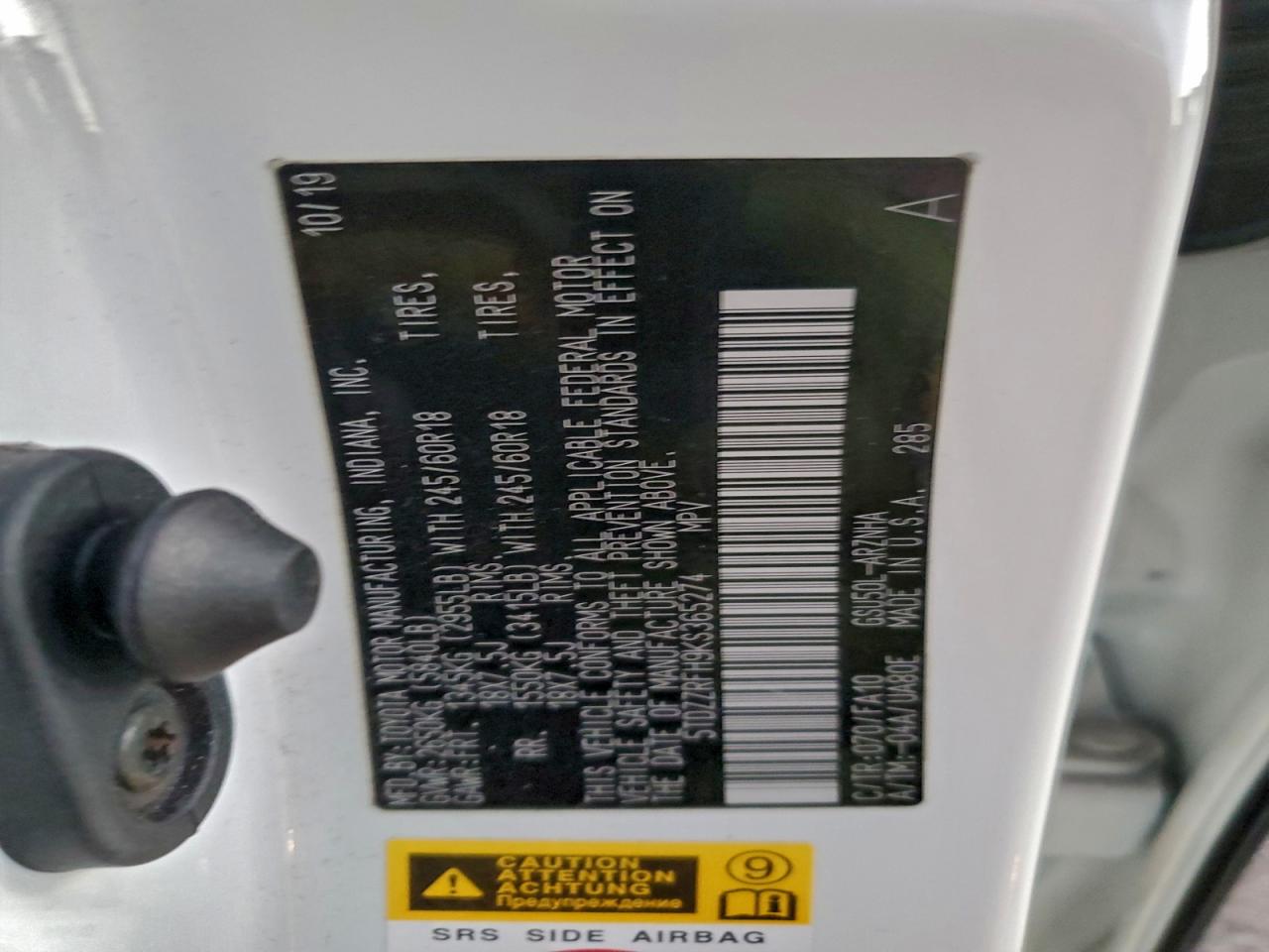 2019 Toyota Highlander Le VIN: 5TDZZRFH9KS365274 Lot: 96553755