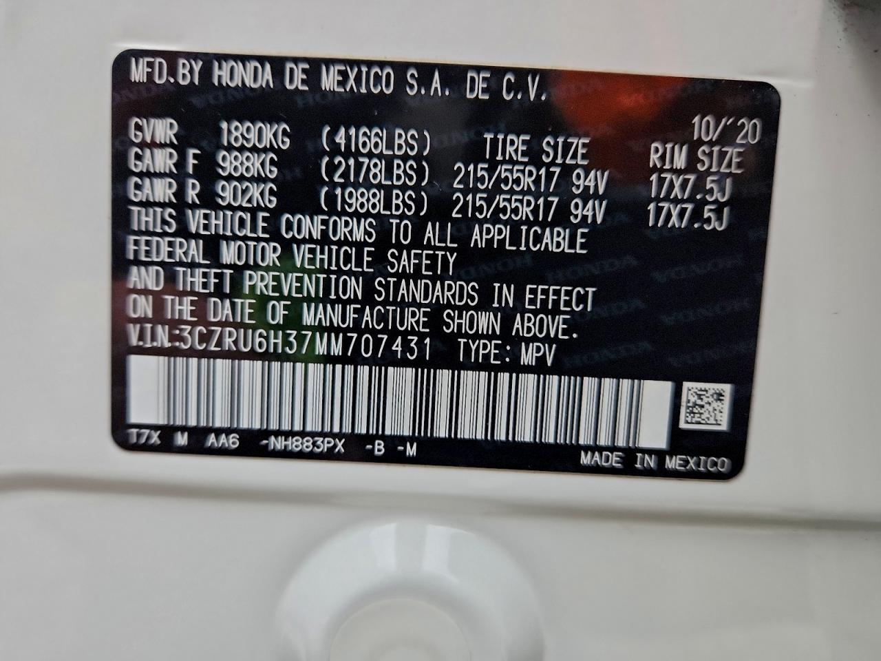 2021 Honda Hr-V Lx VIN: 3CZRU6H37MM707431 Lot: 95554275