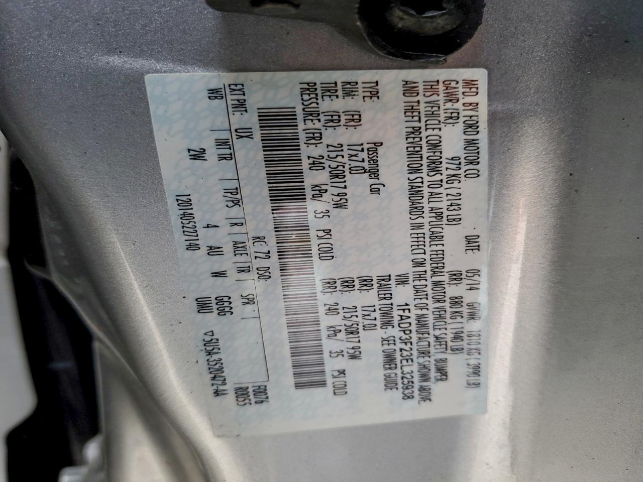 2014 Ford Focus Se VIN: 1FADP3F23EL325938 Lot: 95038385