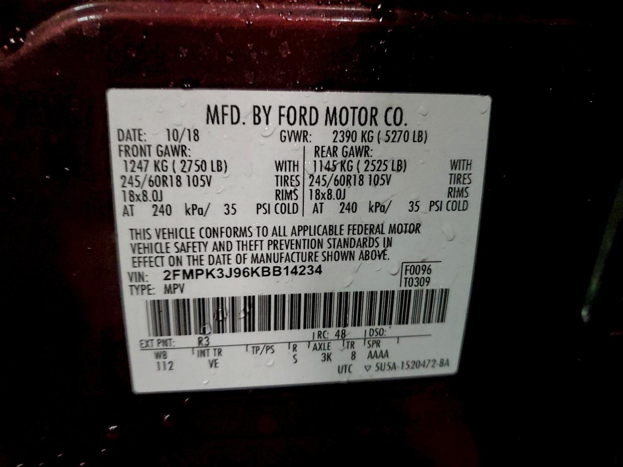 2019 Ford Edge Sel VIN: 2FMPK3J96KBB14234 Lot: 94239355