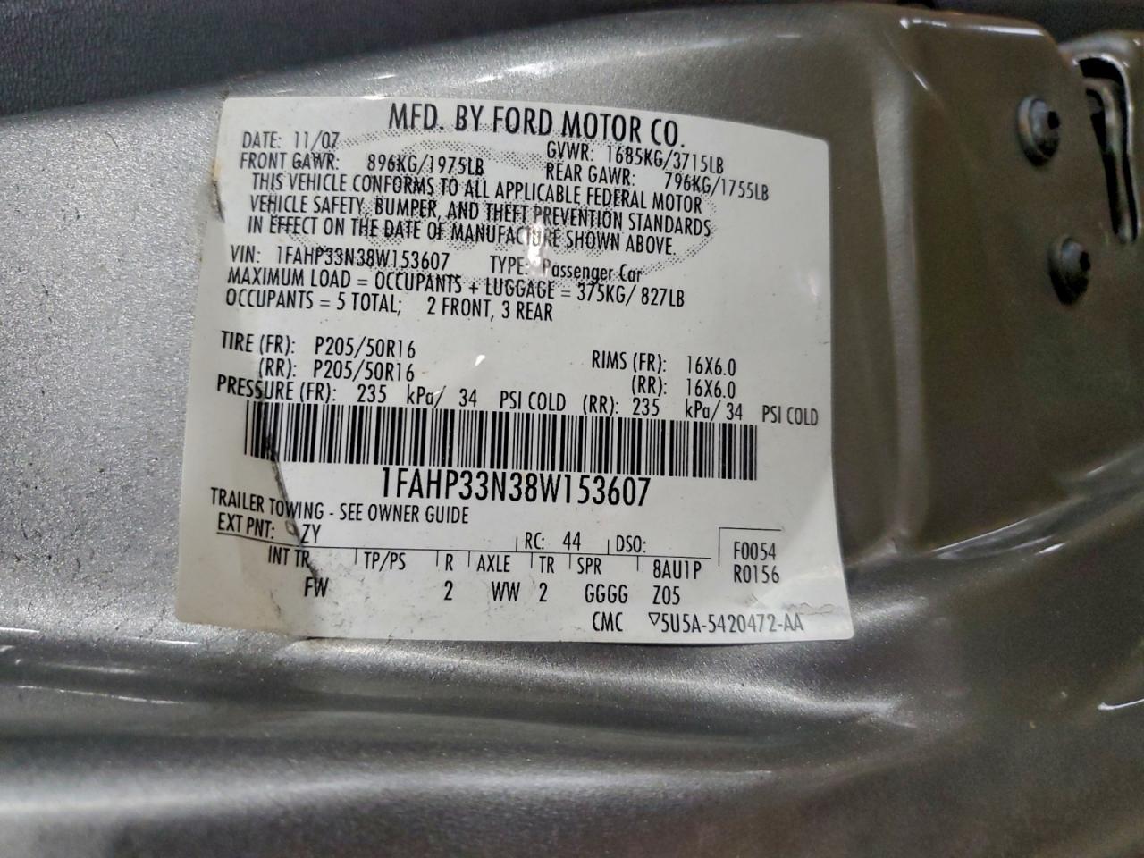 2008 Ford Focus Se VIN: 1FAHP33N38W153607 Lot: 95162795