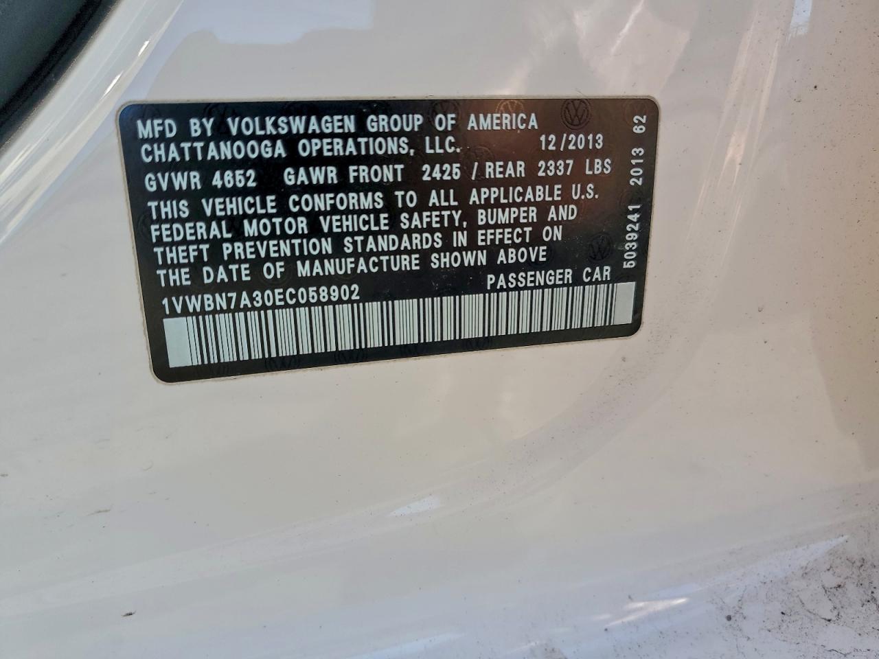 2014 Volkswagen Passat Se VIN: 1VWBN7A30EC058902 Lot: 95322875