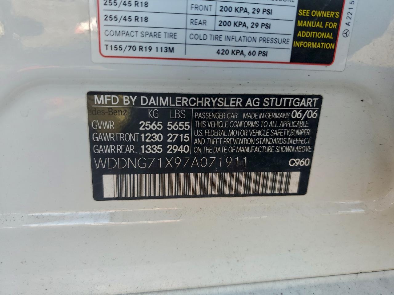 2007 Mercedes-Benz S 550 VIN: WDDNG71X97A071911 Lot: 95023445