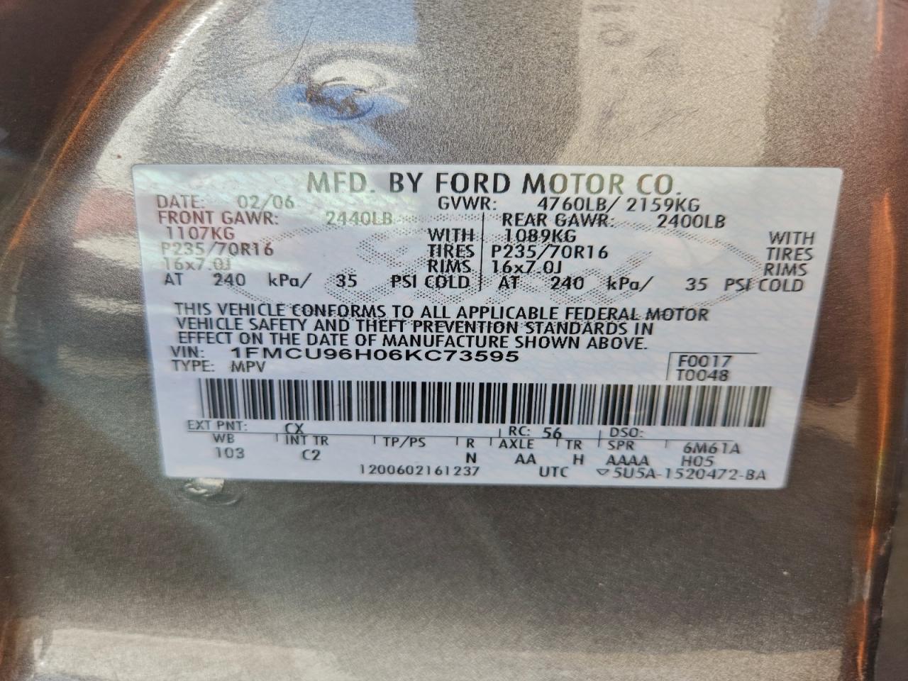 2006 Ford Escape Hev VIN: 1FMCU96H06KC73595 Lot: 96231545