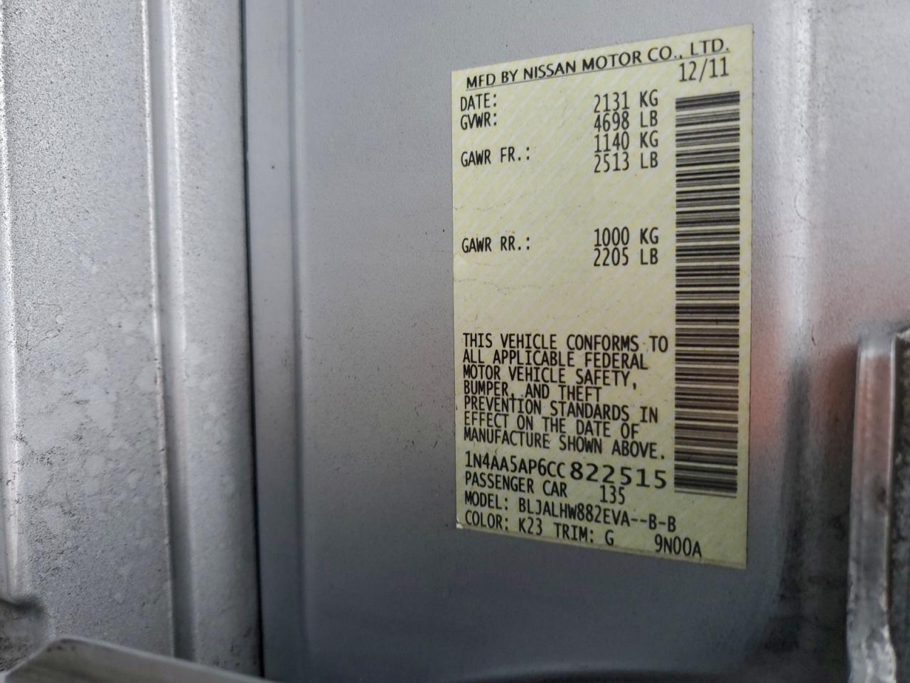 2012 Nissan Maxima S VIN: 1N4AA5AP6CC822515 Lot: 95980185