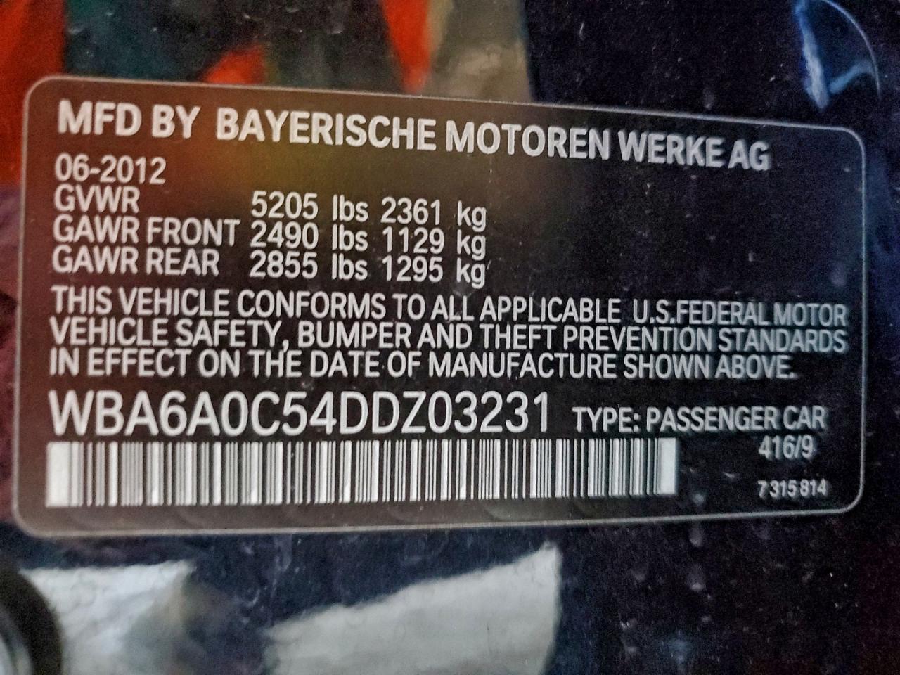 2013 BMW 640 I VIN: WBA6A0C54DDZ03231 Lot: 94915285