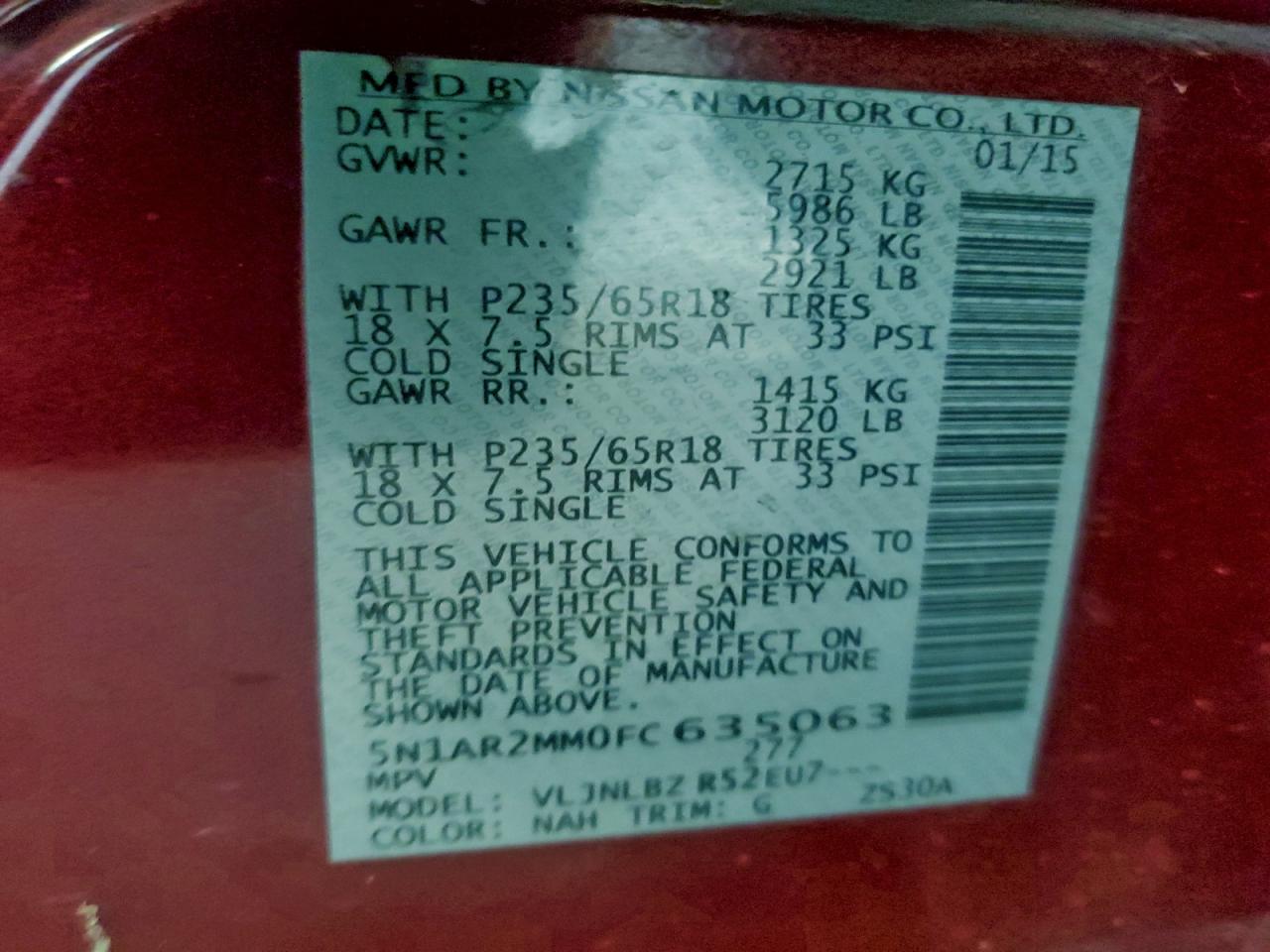 2015 Nissan Pathfinder S VIN: 5N1AR2MM0FC635063 Lot: 94220515