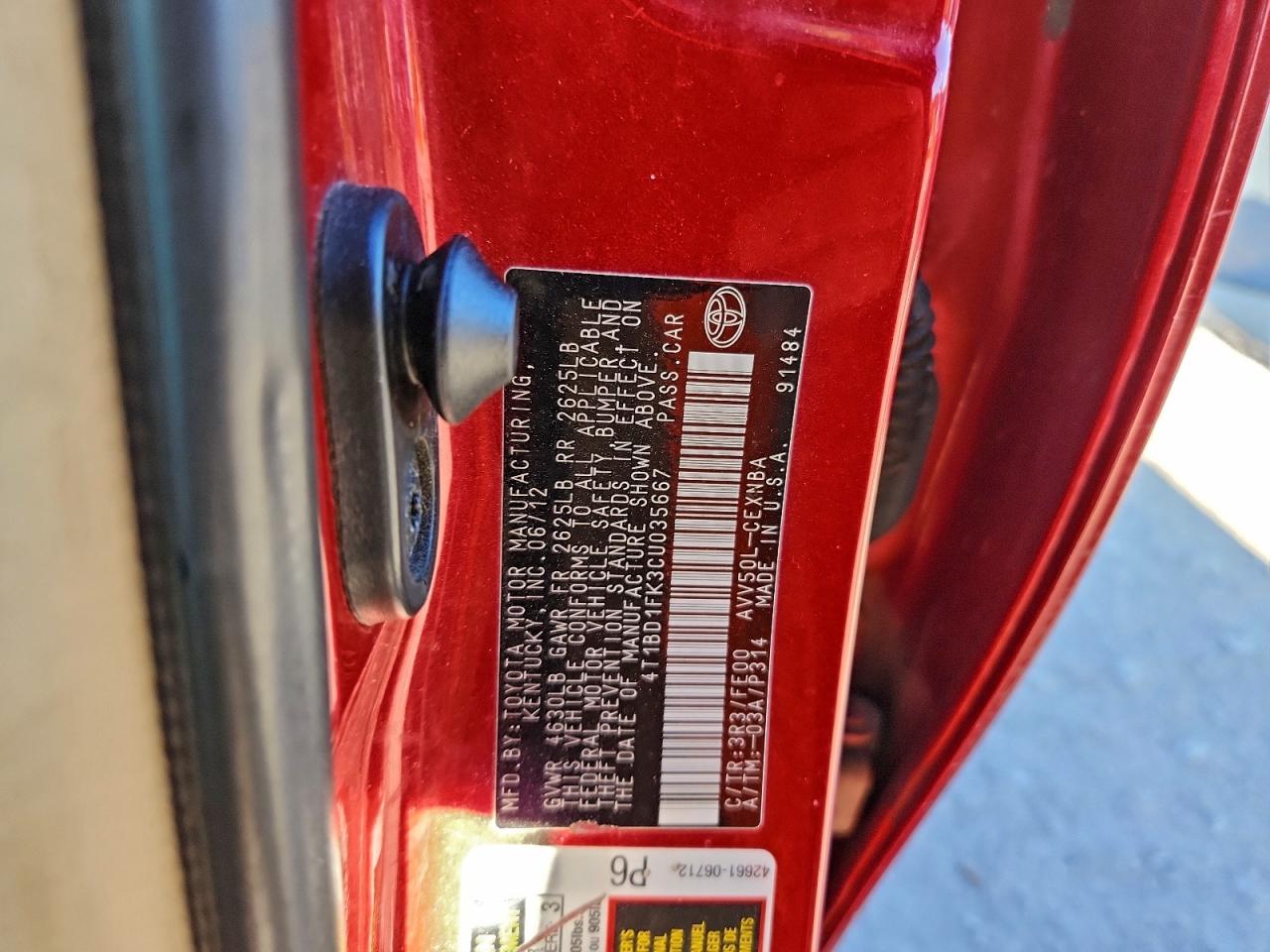 2012 Toyota Camry Hybrid VIN: 4T1BD1FK3CU035667 Lot: 96152455