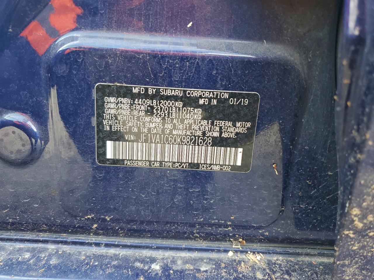 2019 Subaru Wrx Premium VIN: JF1VA1C60K9821628 Lot: 94736785