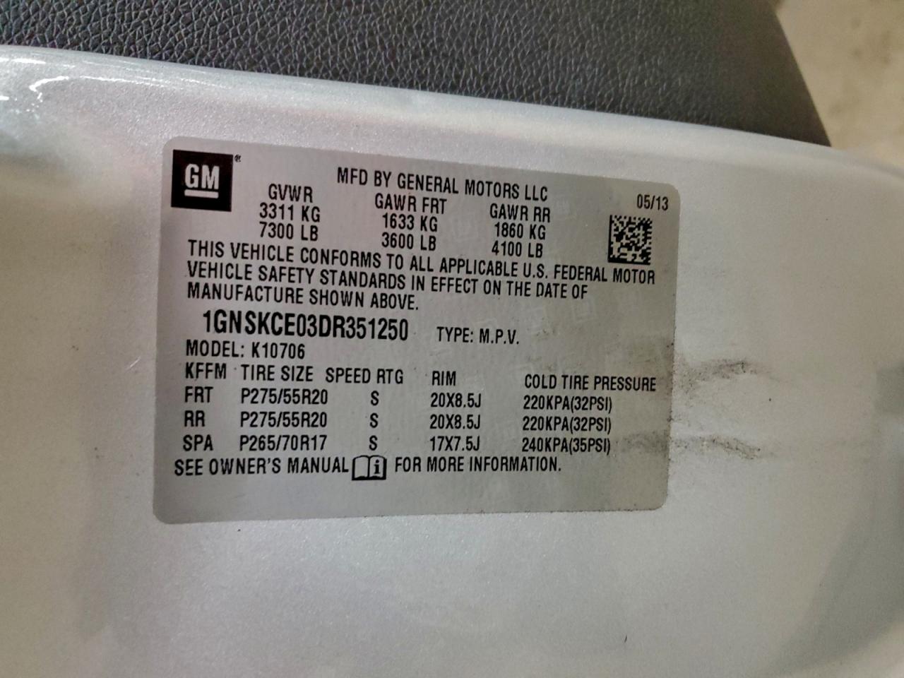 2013 Chevrolet Tahoe K1500 Ltz VIN: 1GNSKCE03DR351250 Lot: 95856305