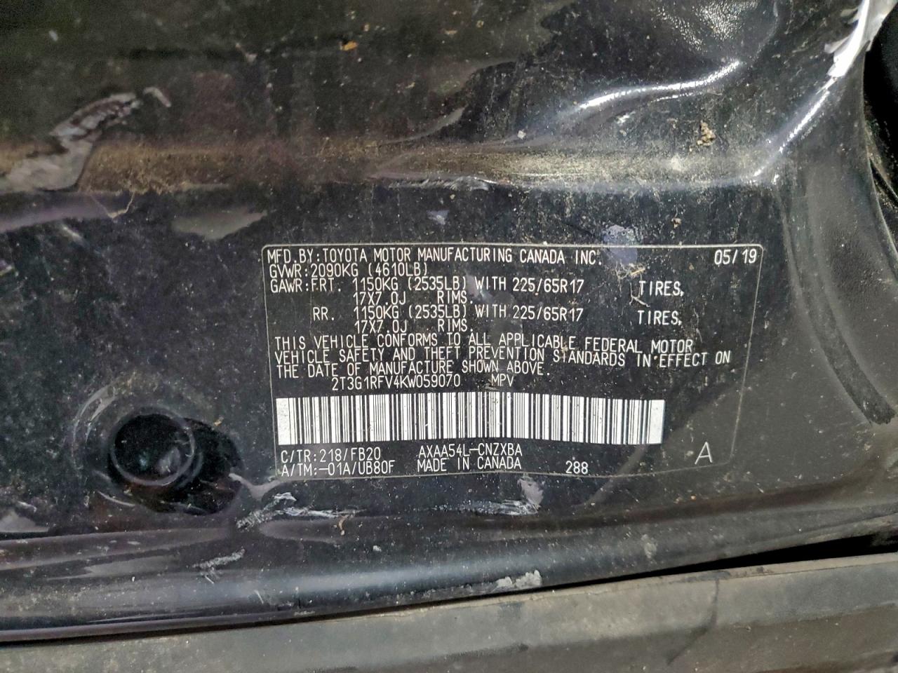2019 Toyota Rav4 Le VIN: 2T3G1RFV4KW059070 Lot: 95245225
