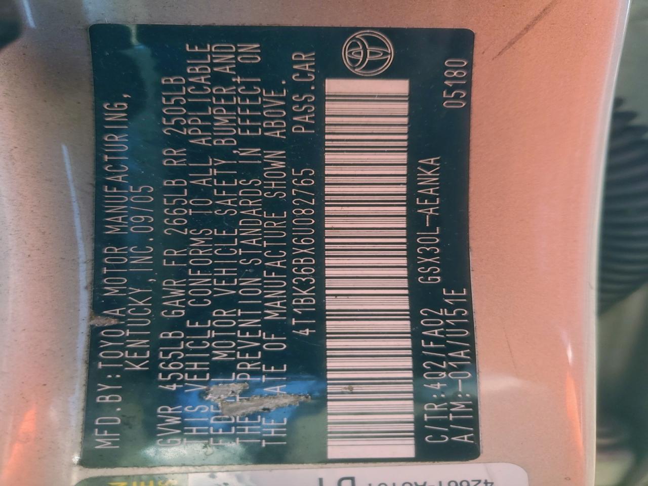 2006 Toyota Avalon Xl VIN: 4T1BK36BX6U082765 Lot: 96799265