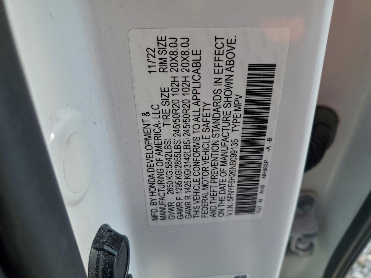 2022 Honda Pilot Se VIN: 5FNYF6H26NB099135 Lot: 94896625