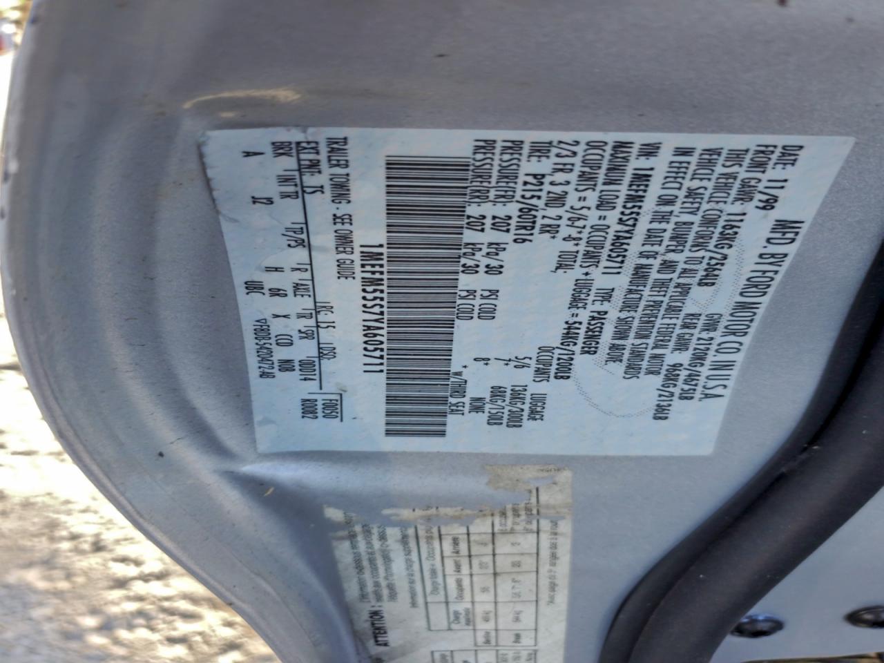 2000 Mercury Sable Ls Premium VIN: 1MEFM55S7YA605711 Lot: 95188935