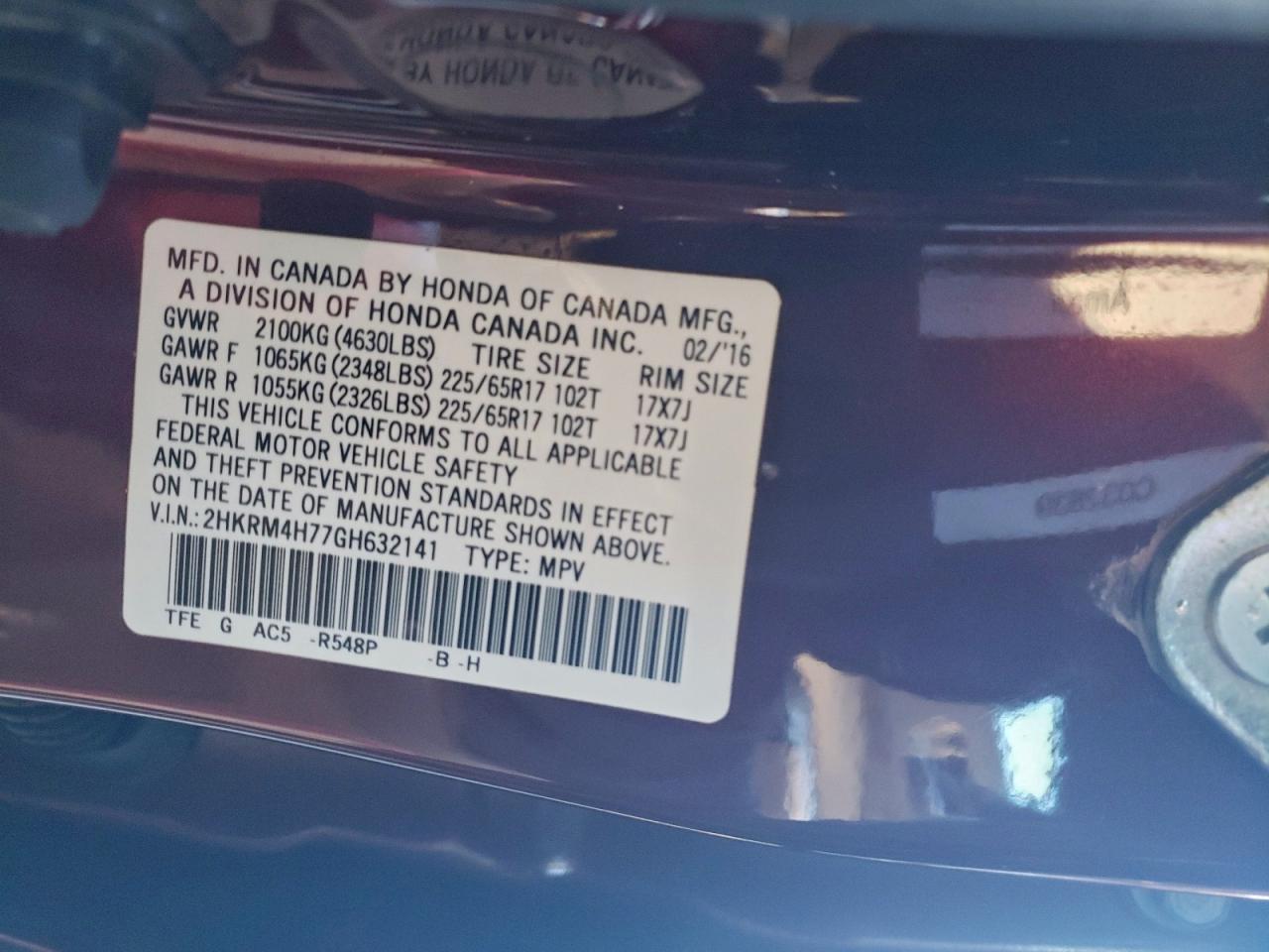 2016 Honda Cr-V Exl VIN: 2HKRM4H77GH632141 Lot: 96333615