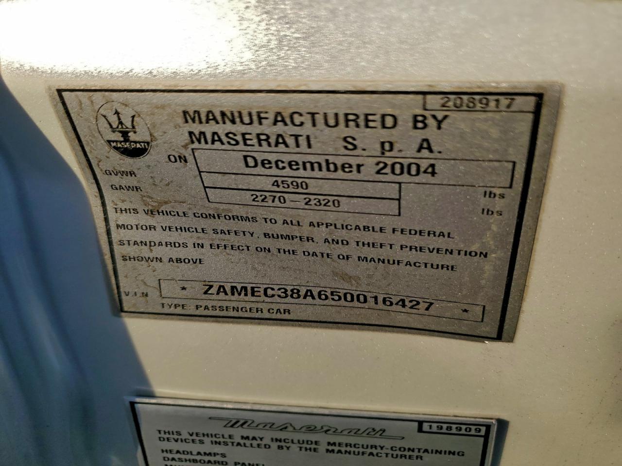 2005 Maserati Gransport VIN: ZAMEC38A650016427 Lot: 95747225